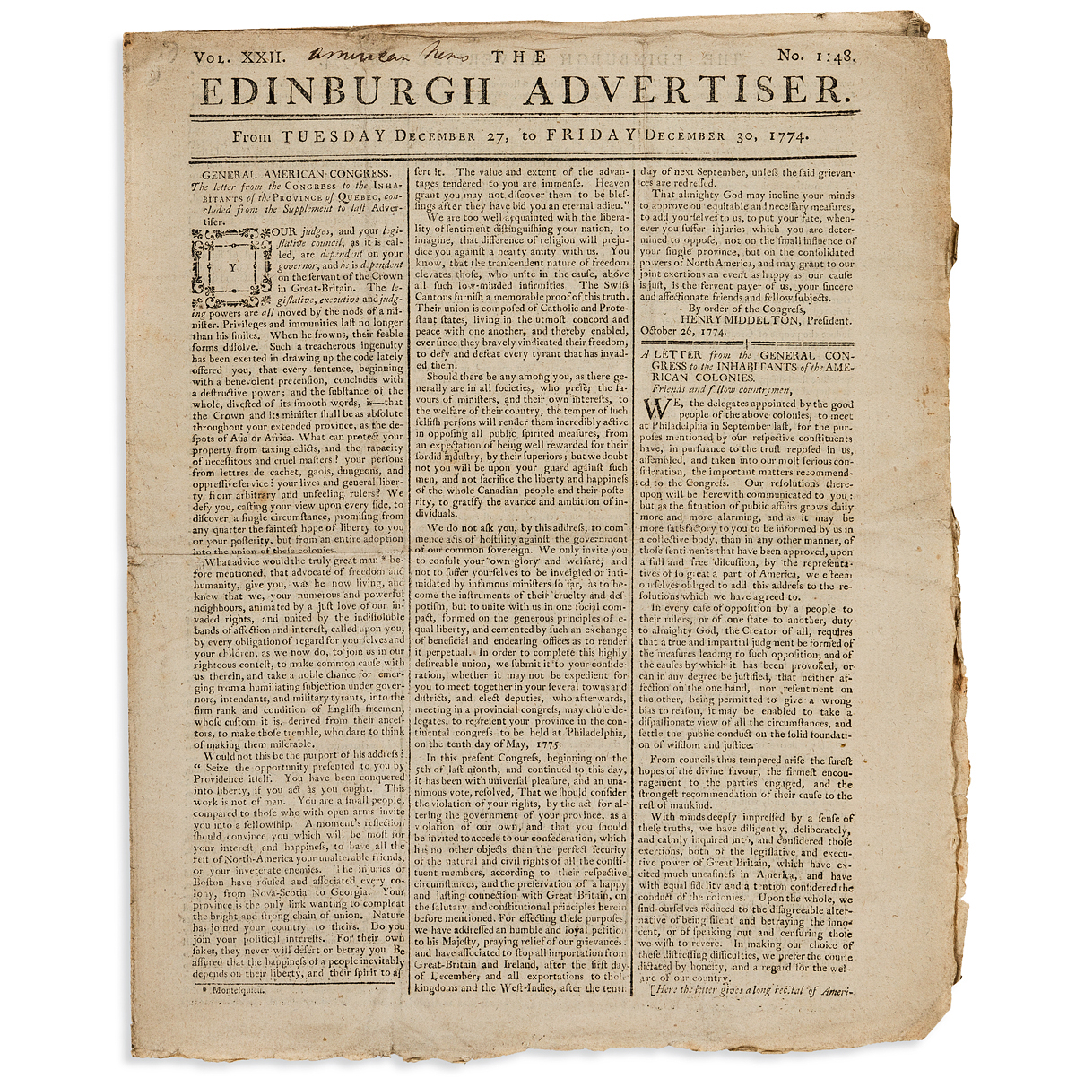 (AMERICAN REVOLUTION--PRELUDE.) Issue of Edinburgh Advertiser including a thanksgiving proclamation by John Hancock.